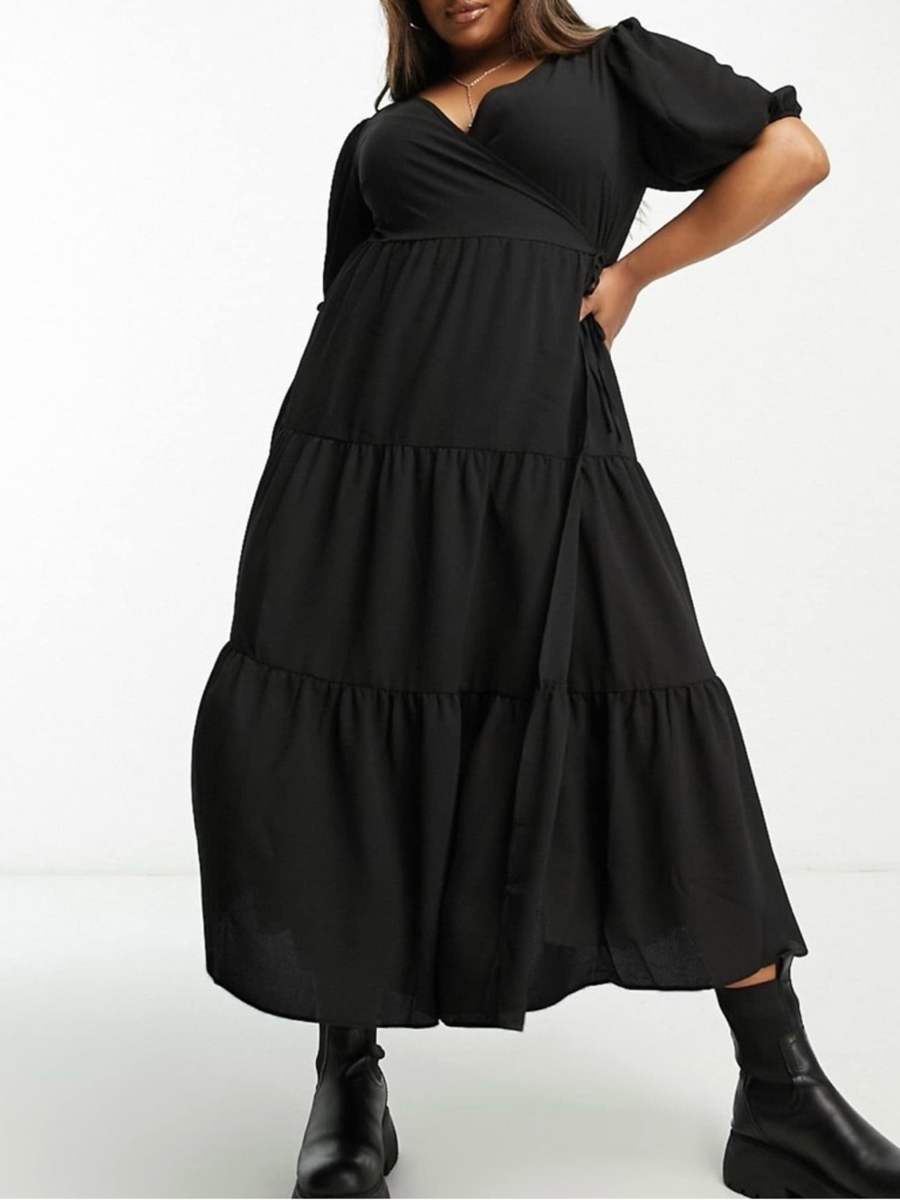 NWT ASOS Curve Black Tiered Wrap Midi Dress